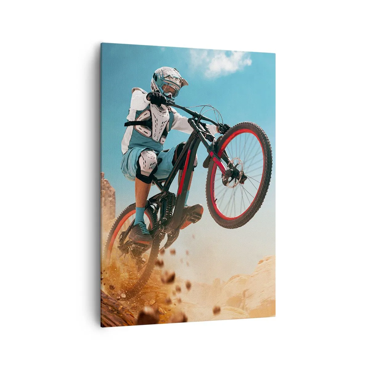 Bild auf Leinwand - Leinwandbild - Ein Mountainbiker macht einen Sprung vor einer Felskulisse - 70x100cm - Fahrrad-Wahnsinn-Dämon - Moderne Wanddekoration für Wohnzimmer und Schlafzimmer ARTTOR