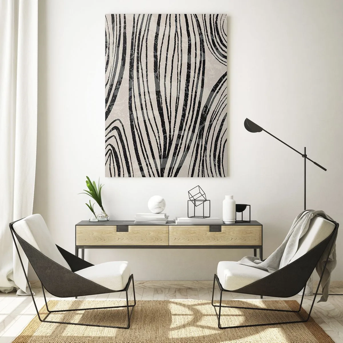 Glasbild - Bild auf glas - Abstrakte Wellen in Schwarz-Weiß-Tönen - 80x120cm - Linienpool - Moderne Wanddekoration für Wohnzimmer und Schlafzimmer ARTTOR