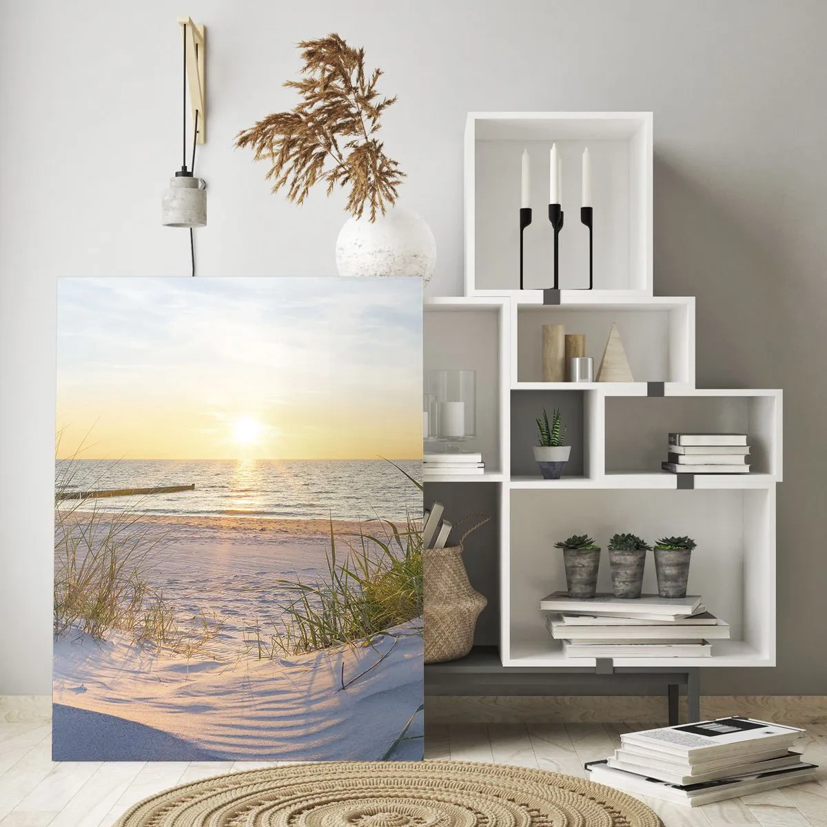 Glasbild - Bild auf glas - Ein Sandstrand mit Blick auf den Sonnenuntergang über dem Meer - 70x100cm - Das Rauschen des Meeres, der Gesang der Vögel, ein wilder Strand im Gras ... - Moderne Wanddekoration für Wohnzimmer und Schlafzimmer ARTTOR