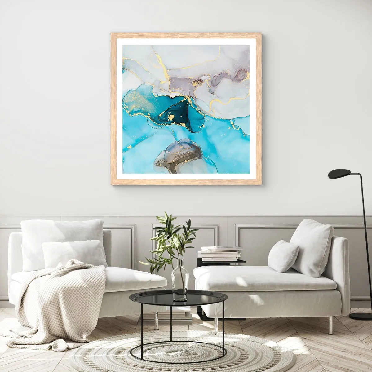 Poster in einem Rahmen aus heller Eiche - Eine Studie über das Zusammentreffen von Grau und Türkis - 30x30 cm