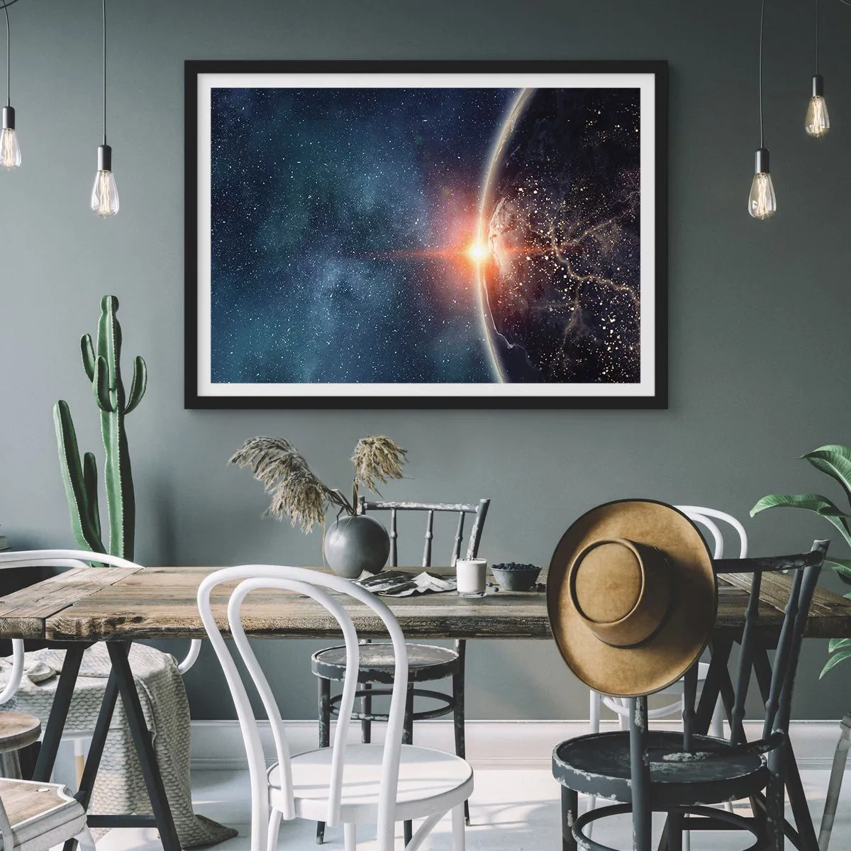 Poster in einem schwarzem Rahmen - Die Erde vom Weltraum aus gesehen mit der aufgehenden Sonne - 70x50cm - In einer neuen Perspektive - Moderne Wanddekoration für Wohnzimmer und Schlafzimmer ARTTOR