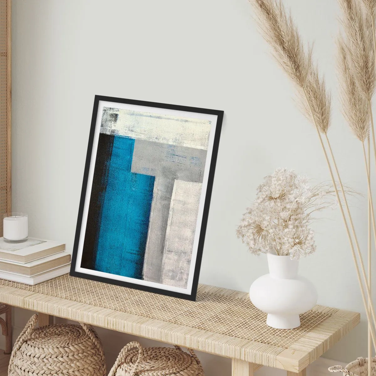 Poster in einem schwarzem Rahmen - Geometrische Abstraktion in Blau- und Grautönen - 50x70cm - Poetische Komposition aus Grau und Blau - Moderne Wanddekoration für Wohnzimmer und Schlafzimmer ARTTOR