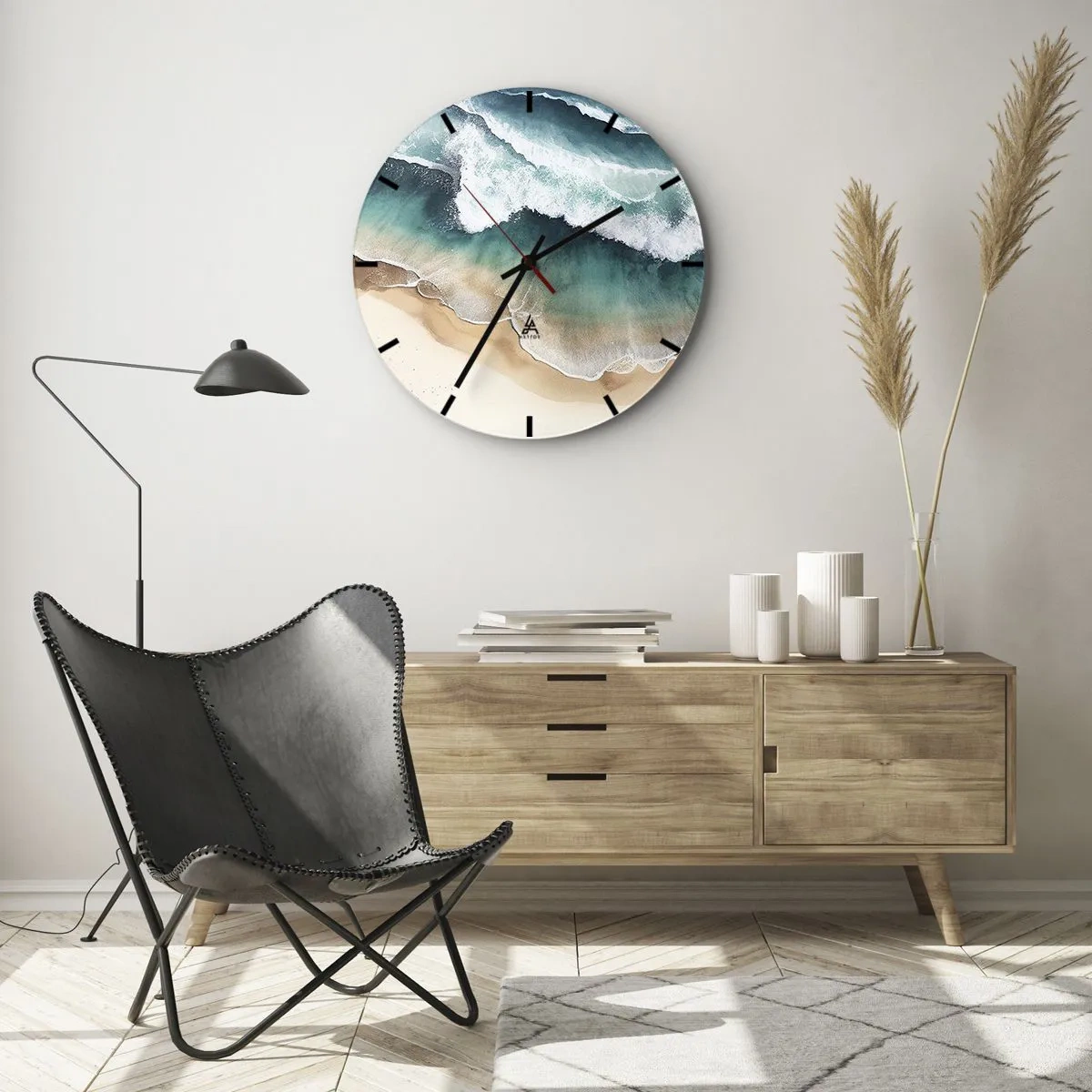 Wanduhr - Glasuhr - Meereswellen, die aus der Vogelperspektive an einem Sandstrand brechen - 30x30cm - Das ewige Treffen - Moderne Wanddekoration für Wohnzimmer, Küche und Schlafzimmer ARTTOR