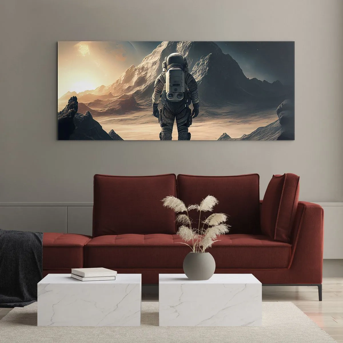 Glasbild - Bild auf glas - Astronaut vor der Kulisse majestätischer Berge - 140x50cm - Neue Herausforderung - Moderne Wanddekoration für Wohnzimmer und Schlafzimmer ARTTOR