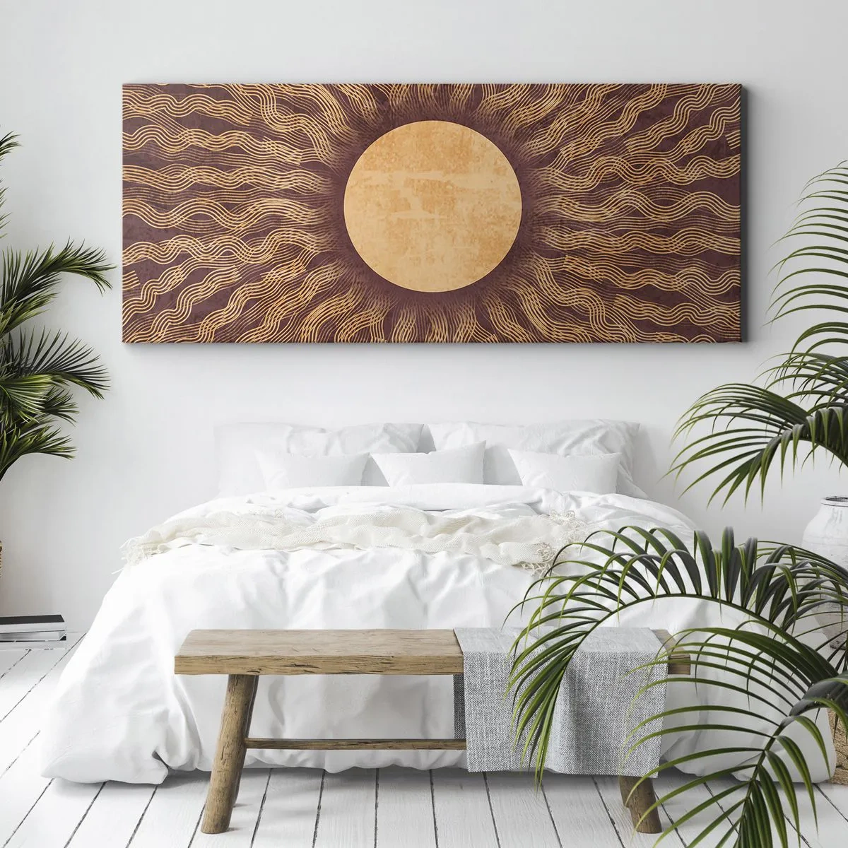 Bild auf Leinwand - Leinwandbild - Sonniges Muster mit Strahlen auf einem Hintergrund in Brauntönen - 140x50cm - Sonnensymbol - Moderne Wanddekoration für Wohnzimmer und Schlafzimmer ARTTOR