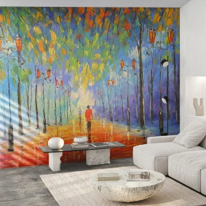 Fototapete Premium Sand - Eine bunte Gasse mit Laternen und einer Figur in der Ferne - 100x70cm - Nachtlied des Regens - Moderne Wanddekoration für Wohnzimmer und Schlafzimmer ARTTOR