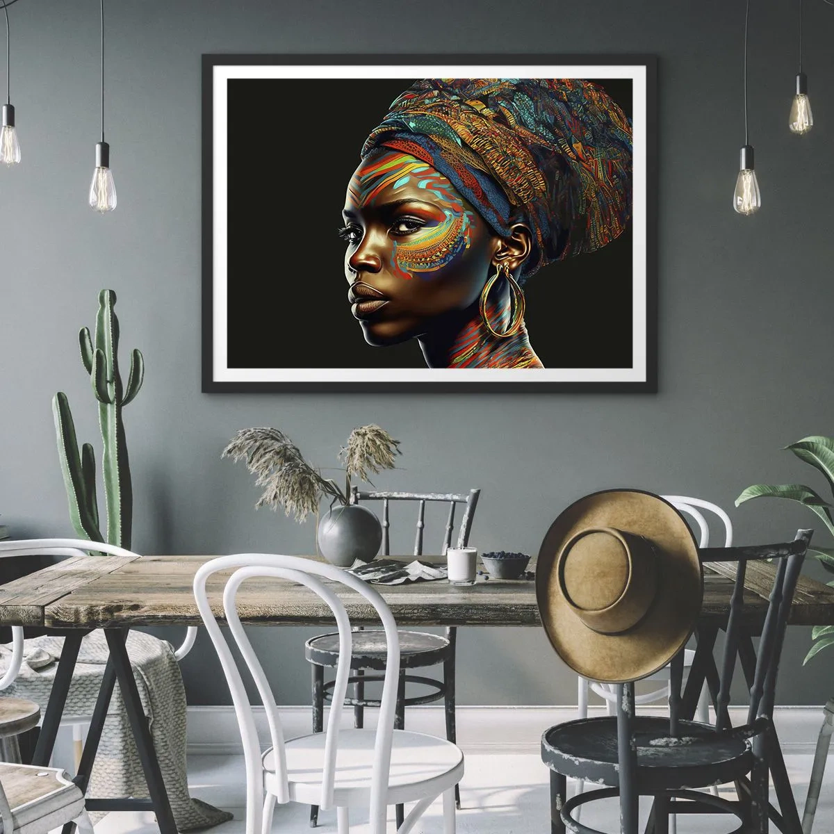 Poster in einem schwarzem Rahmen - Porträt einer Frau mit buntem Muster und Turban - 70x50cm - Afrikanische Königin - Moderne Wanddekoration für Wohnzimmer und Schlafzimmer ARTTOR