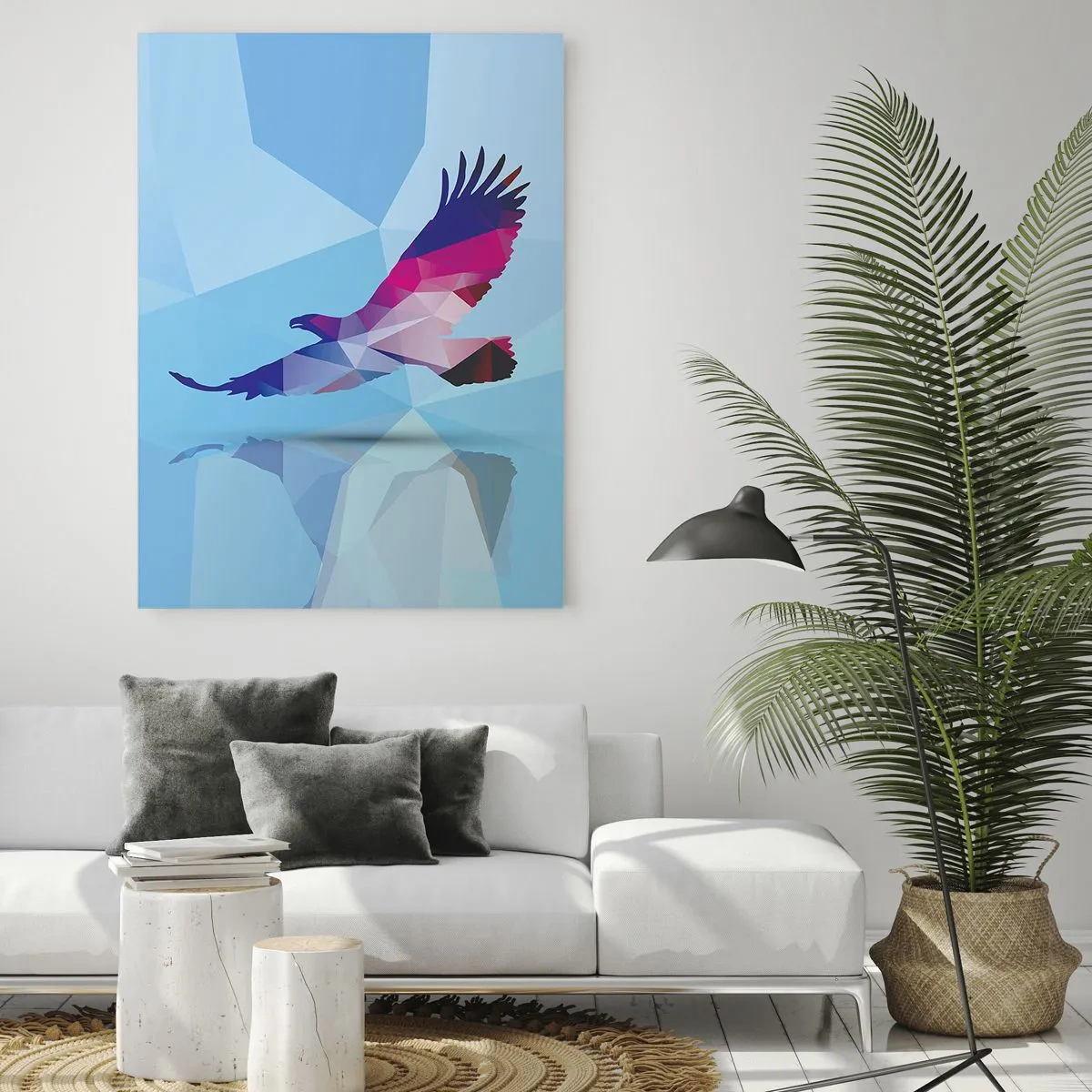 Glasbild - Bild auf glas - Geometrischer Adler auf blauem Hintergrund - 50x70cm - Adler in lila Kristall - Moderne Wanddekoration für Wohnzimmer und Schlafzimmer ARTTOR