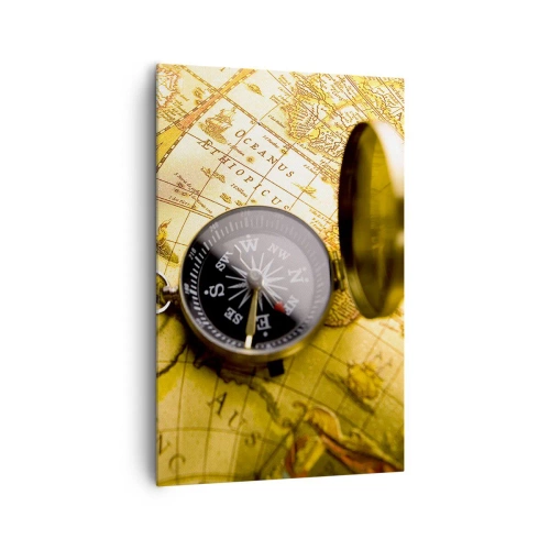 Bild auf Leinwand - Leinwandbild - Ein antiker Kompass vor dem Hintergrund einer alten Weltkarte - 80x120cm - Oder vielleicht bis ans Ende der Welt? - Moderne Wanddekoration für Wohnzimmer und Schlafzimmer ARTTOR
