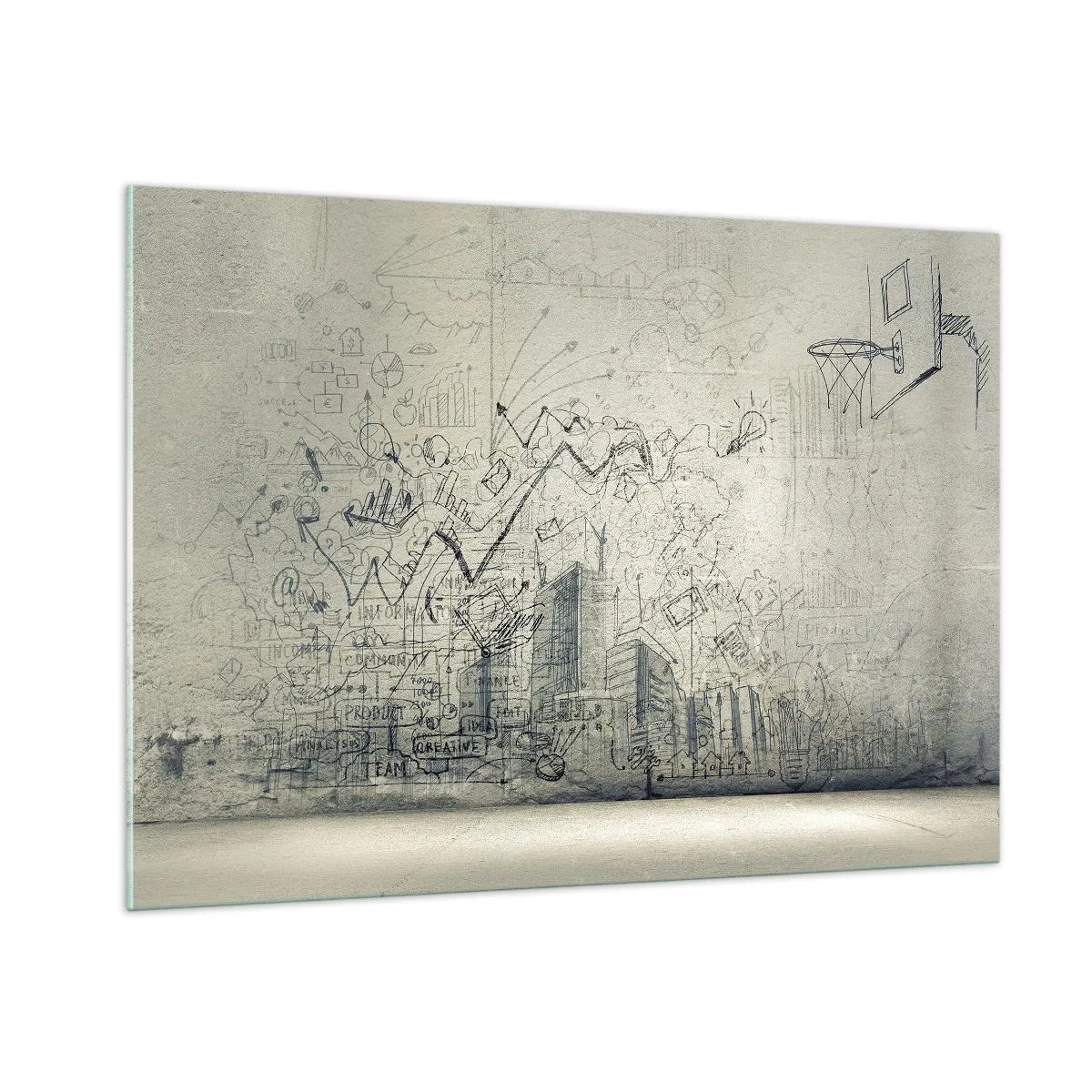 Glasbild - Bild auf glas - Grafische Skizze mit geschäftlichen und kreativen Elementen - 100x70cm - Mein tolles Stadtleben - Moderne Wanddekoration für Wohnzimmer und Schlafzimmer ARTTOR