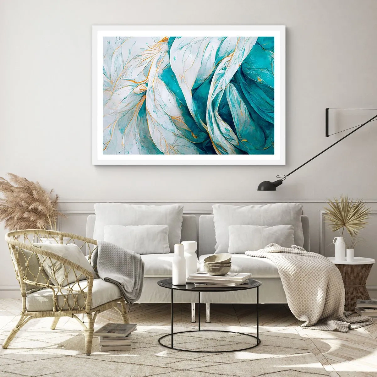 Poster in einem weißen Rahmen - Blaue Abstraktion mit goldenem Motiv - 40x30 cm