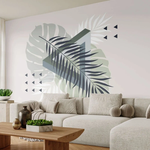 Maßgeschneiderte selbstklebende Fototapete Deluxe Sticker - Natur und Geometrie – zwei Ordnungen? - Monstera-Blatt, Palmblatt, Grafik