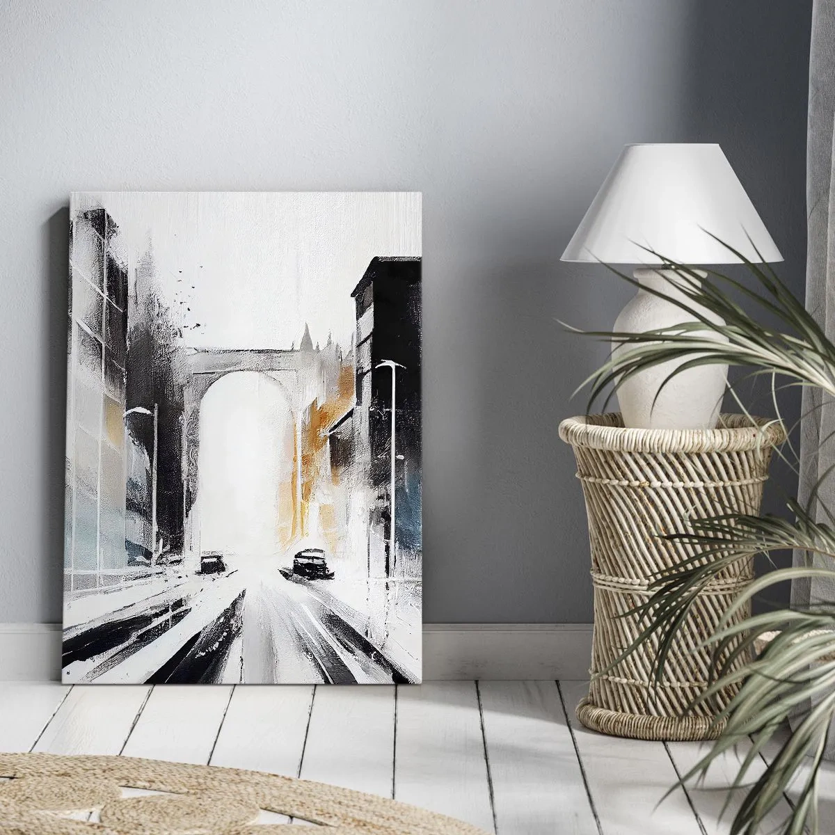 Bild auf Leinwand - Leinwandbild - Abstraktes Stadtpanorama mit einer Bogenbrücke - 50x70cm - Stadtstudie: Architektur und Bewegung - Moderne Wanddekoration für Wohnzimmer und Schlafzimmer ARTTOR