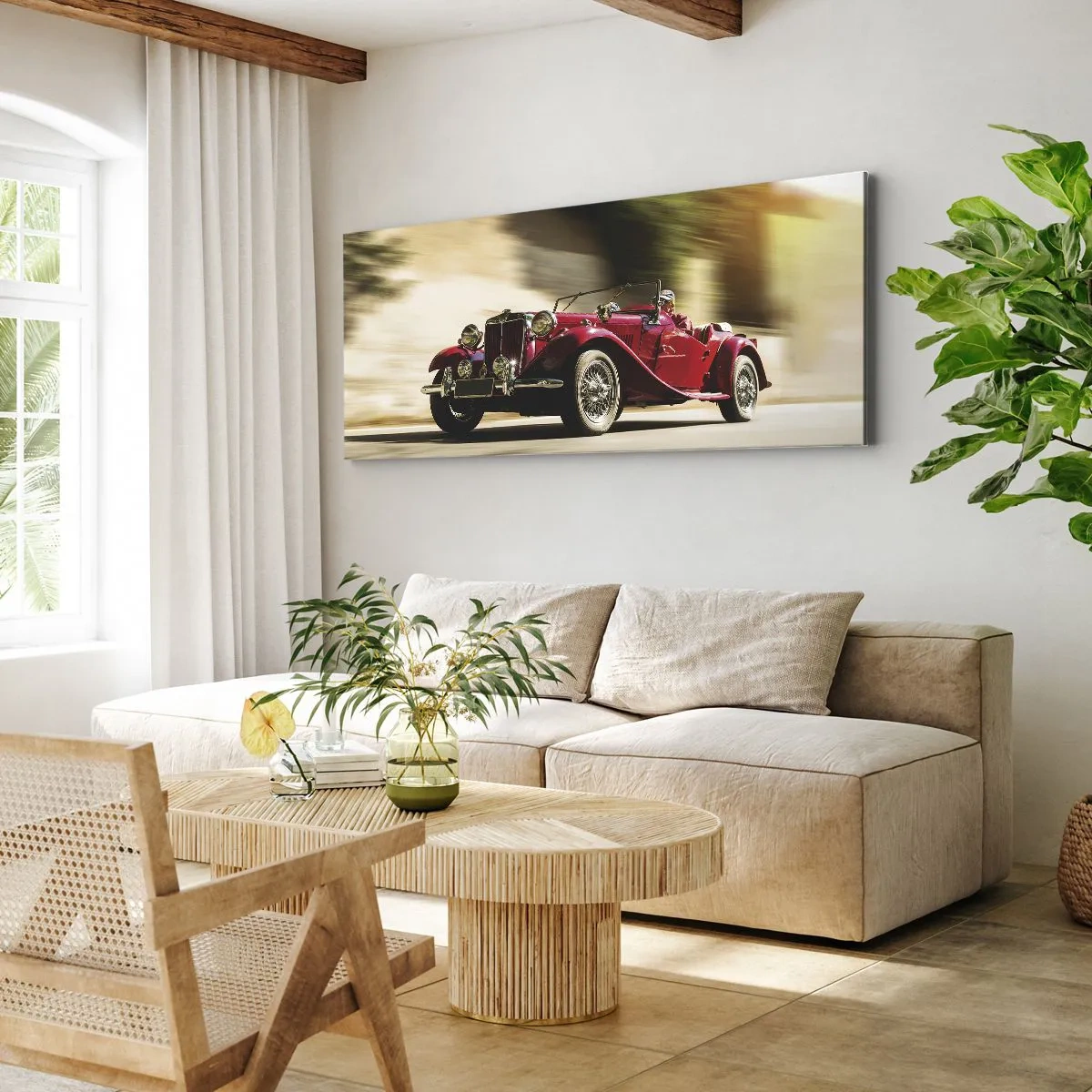 Bild auf Leinwand - Leinwandbild - Roter Oldtimer in Bewegung auf einer sonnigen Straße - 160x50cm - Schöner als Nike von Samothrake - Moderne Wanddekoration für Wohnzimmer und Schlafzimmer ARTTOR