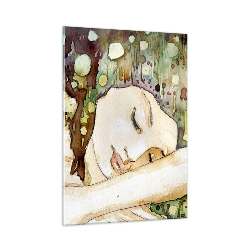 Glasbild - Bild auf glas - Eine schlafende Frau in einem künstlerischen Aquarellgemälde in warmen Farben. - 50x70cm - Ein smaragd-violetter Traum - Moderne Wanddekoration für Wohnzimmer und Schlafzimmer ARTTOR