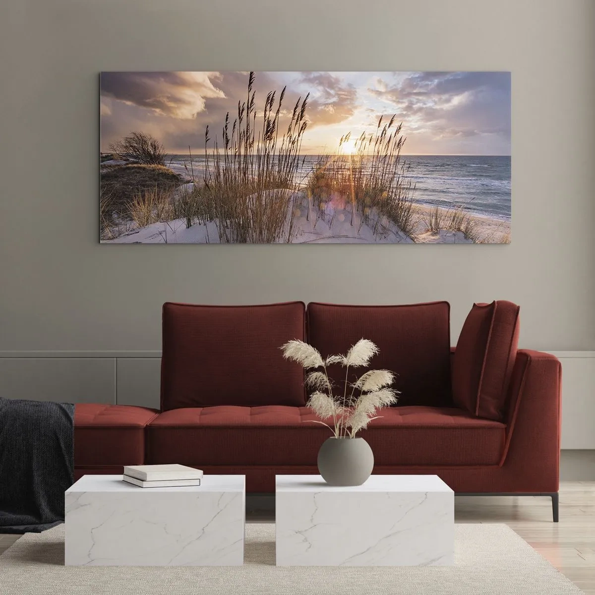 Glasbild - Bild auf glas - Dünen mit Gräsern vor dem Hintergrund der untergehenden Sonne - 140x50cm - Abschied von Sonne und Wind - Moderne Wanddekoration für Wohnzimmer und Schlafzimmer ARTTOR