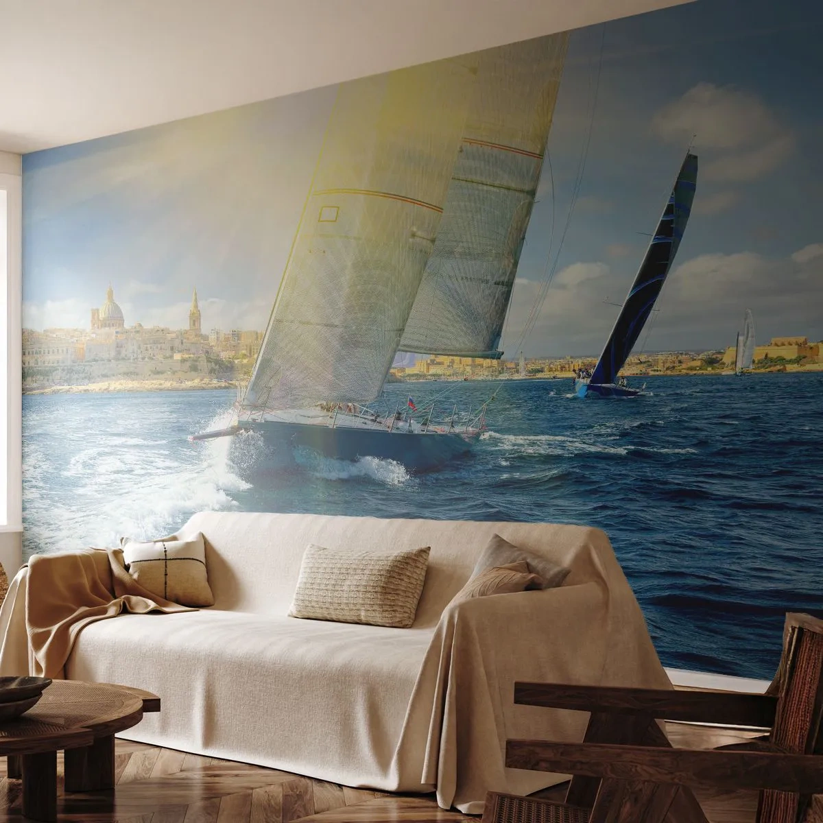 Selbstklebende Fototapete Deluxe Sticker - Es ist Zeit die Stadt zu verlassen - Stadt, Meer, Yacht - 400x280 cm
