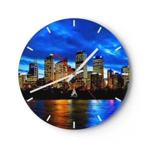 Wanduhr - Glasuhr - Panorama der nächtlichen Stadt mit im Wasser reflektierten Lichtern - 30x30cm - Eine Nacht der Lichter und Farben - Moderne Wanddekoration für Wohnzimmer, Küche und Schlafzimmer ARTTOR