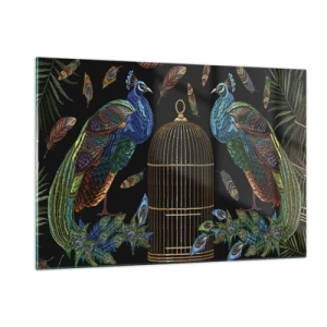 Glasbild - Bild auf glas - Bunte Pfauen und ein Käfig auf schwarzem Hintergrund - 120x80cm - In königlichen Gewändern - Moderne Wanddekoration für Wohnzimmer und Schlafzimmer ARTTOR