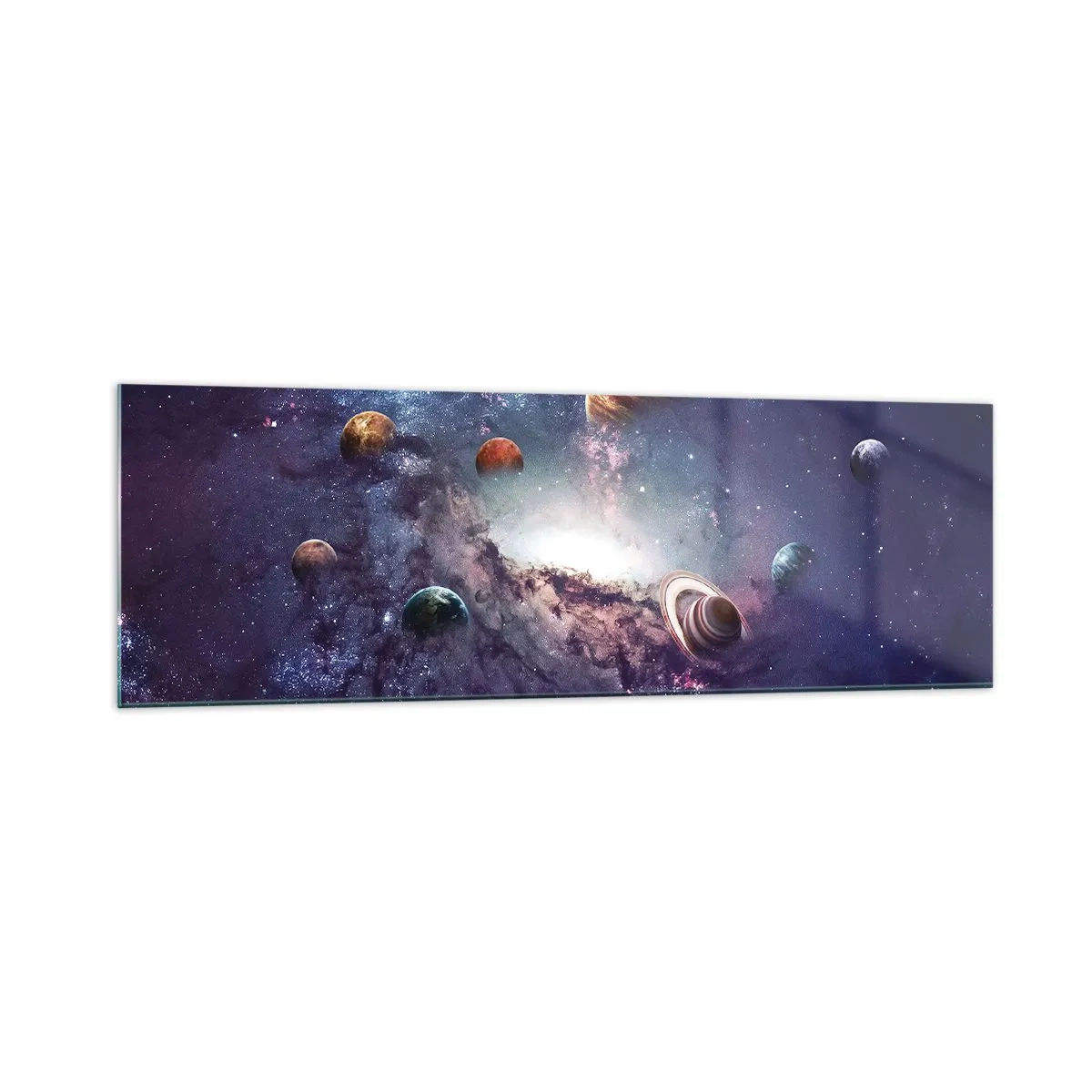 Glasbild - Bild auf glas - Planeten in einer Galaxie mit einem Nebel im Hintergrund - 160x50cm - Solar-Tanz-System - Moderne Wanddekoration für Wohnzimmer und Schlafzimmer ARTTOR
