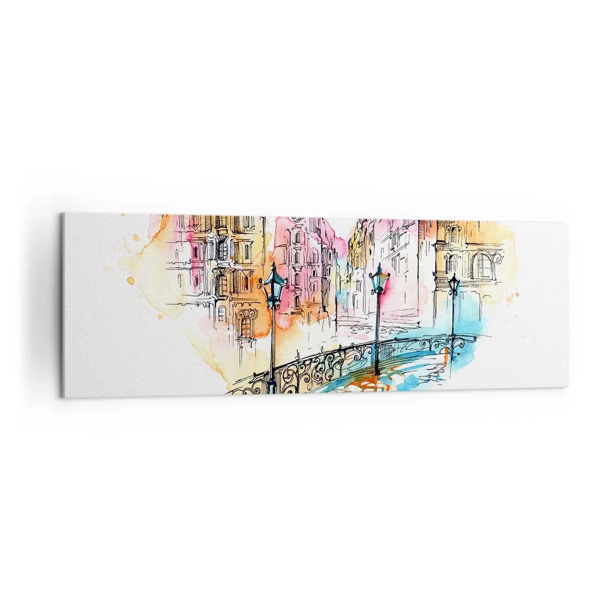 Bild auf Leinwand - Leinwandbild - Aquarell einer Brücke und herzförmigen Mietshäusern - 160x50cm - Das Herz der Stadt - Moderne Wanddekoration für Wohnzimmer und Schlafzimmer ARTTOR