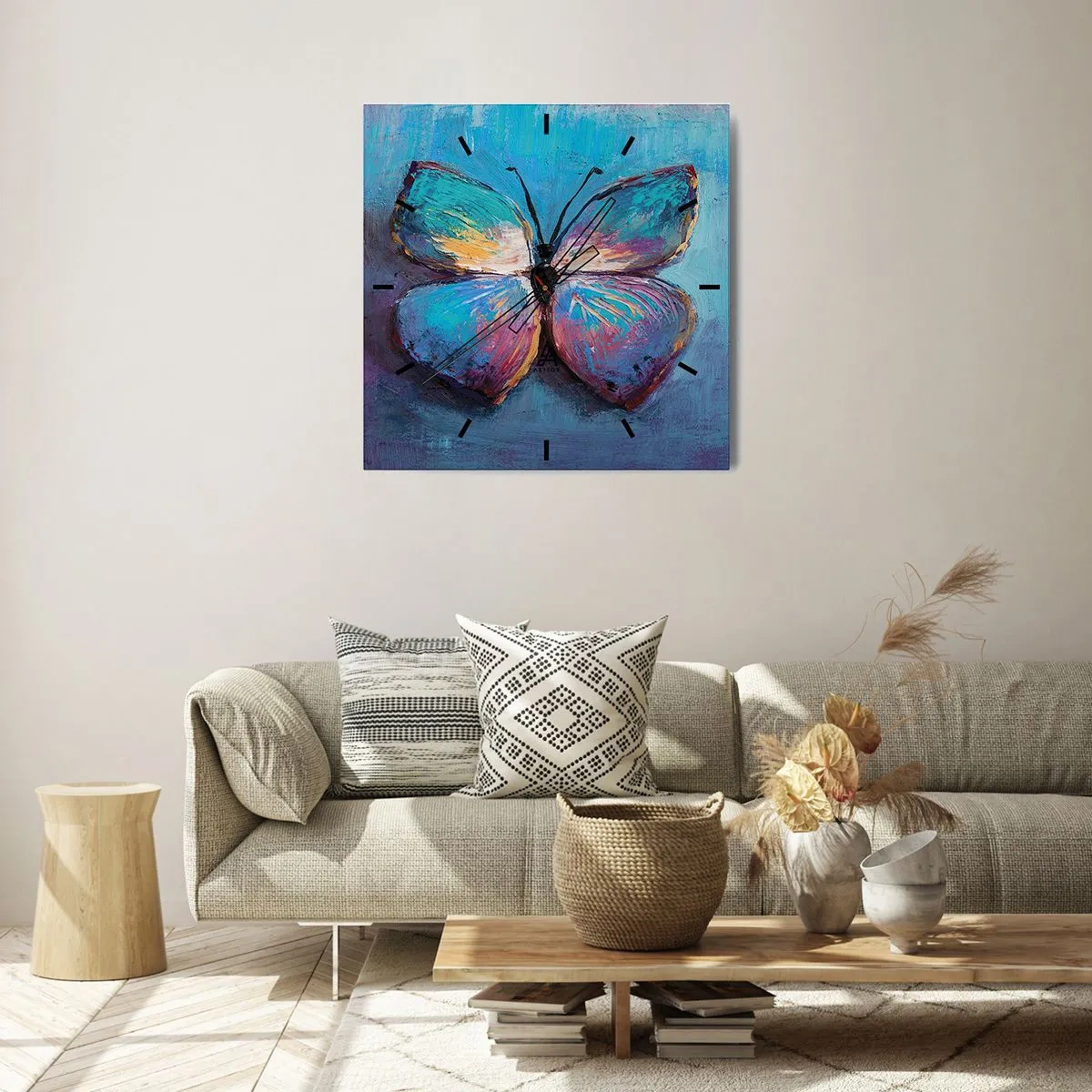 Wanduhr - Glasuhr - Bunter Schmetterling auf blauem Hintergrund - 30x30cm - In all seiner Pracht - Moderne Wanddekoration für Wohnzimmer und Schlafzimmer ARTTOR