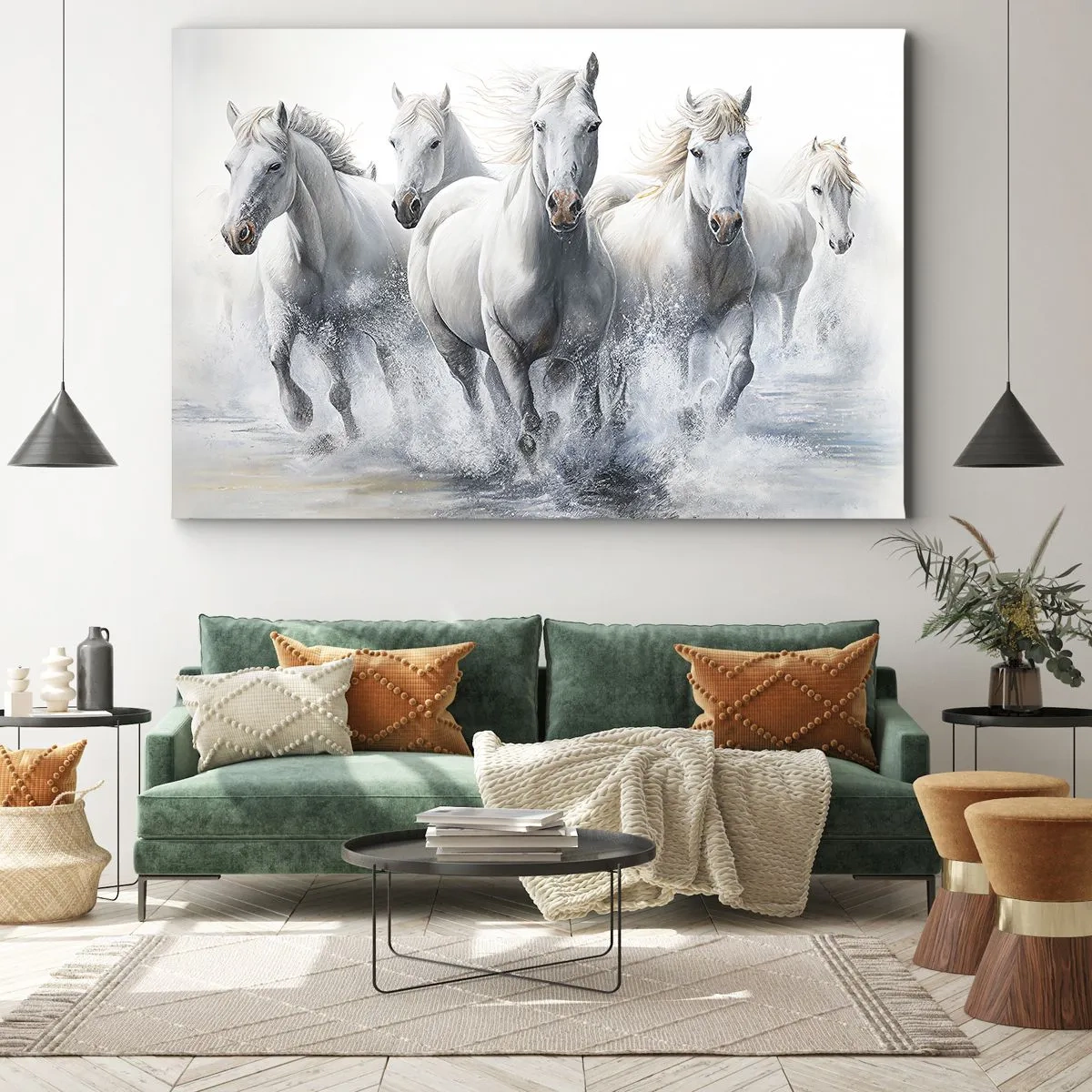 Bild auf Leinwand - Leinwandbild - Weiße Pferde galoppieren durch das Wasser - 70x50cm - Weiße Magie - Moderne Wanddekoration für Wohnzimmer und Schlafzimmer ARTTOR