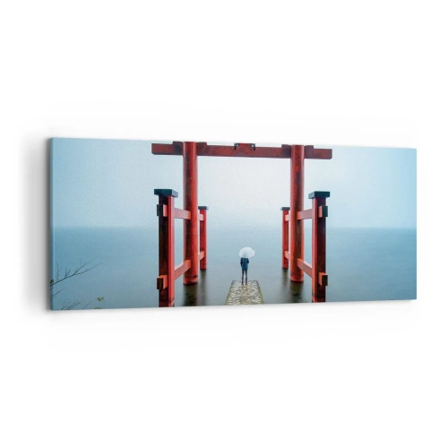Bild auf Leinwand - Leinwandbild - Ein Torii-Tor mit Blick auf einen ruhigen See in Japan - 120x50cm - Japanische Träumerei - Moderne Wanddekoration für Wohnzimmer und Schlafzimmer ARTTOR