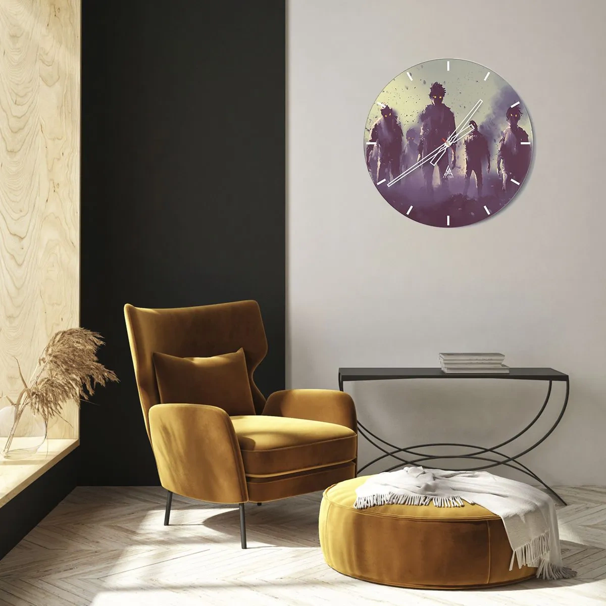 Wanduhr - Glasuhr - Dunkle Figuren vor nebligem Hintergrund - 30x30cm - Vorsichtig sein! Sie kommen - Moderne Wanddekoration für Wohnzimmer, Küche und Schlafzimmer ARTTOR