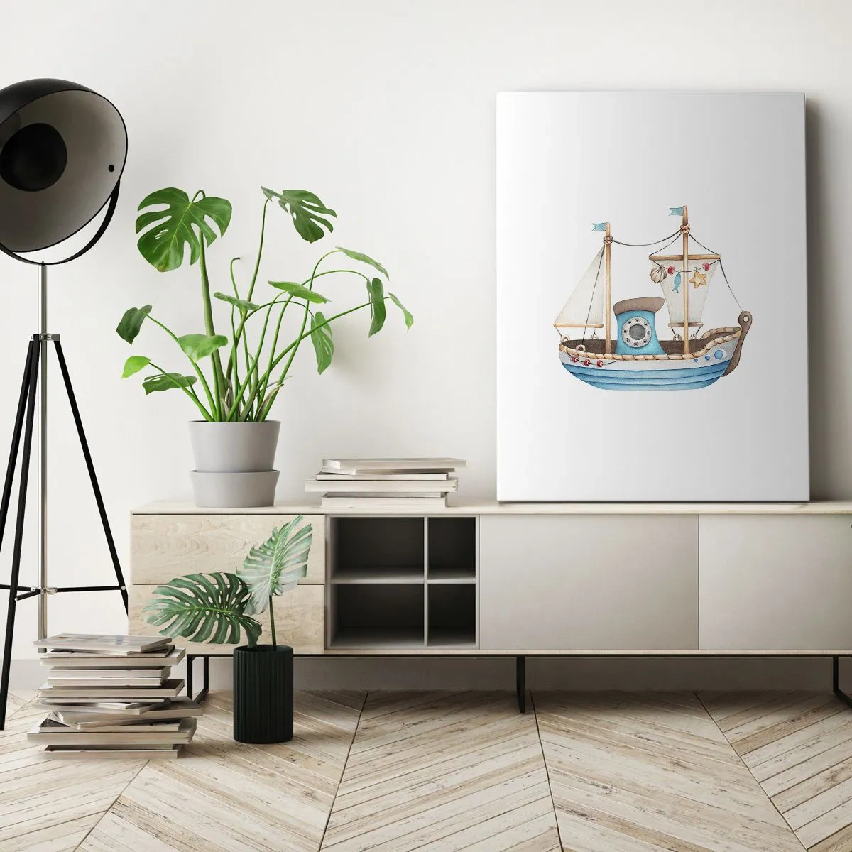 Bild auf Leinwand - Leinwandbild - Abbildung eines Schiffes in Pastellfarben auf weißem Hintergrund - 50x70cm - Ahoi, Abenteuer! - Moderne Wanddekoration für Wohnzimmer und Schlafzimmer ARTTOR