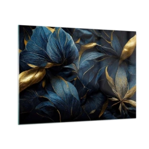 Glasbild - Bild auf glas - Dunkelblaue Blätter mit dezenten Goldakzenten - 70x50cm - Mit Gold gefüttert - Moderne Wanddekoration für Wohnzimmer und Schlafzimmer ARTTOR