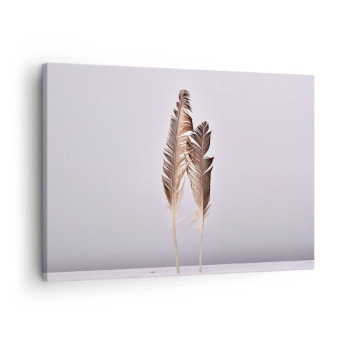 Bild auf Leinwand - Leinwandbild - Zarte Federn auf hellem Untergrund im minimalistischen Stil - 70x50cm - Gegen das Nichts - Moderne Wanddekoration für Wohnzimmer und Schlafzimmer ARTTOR