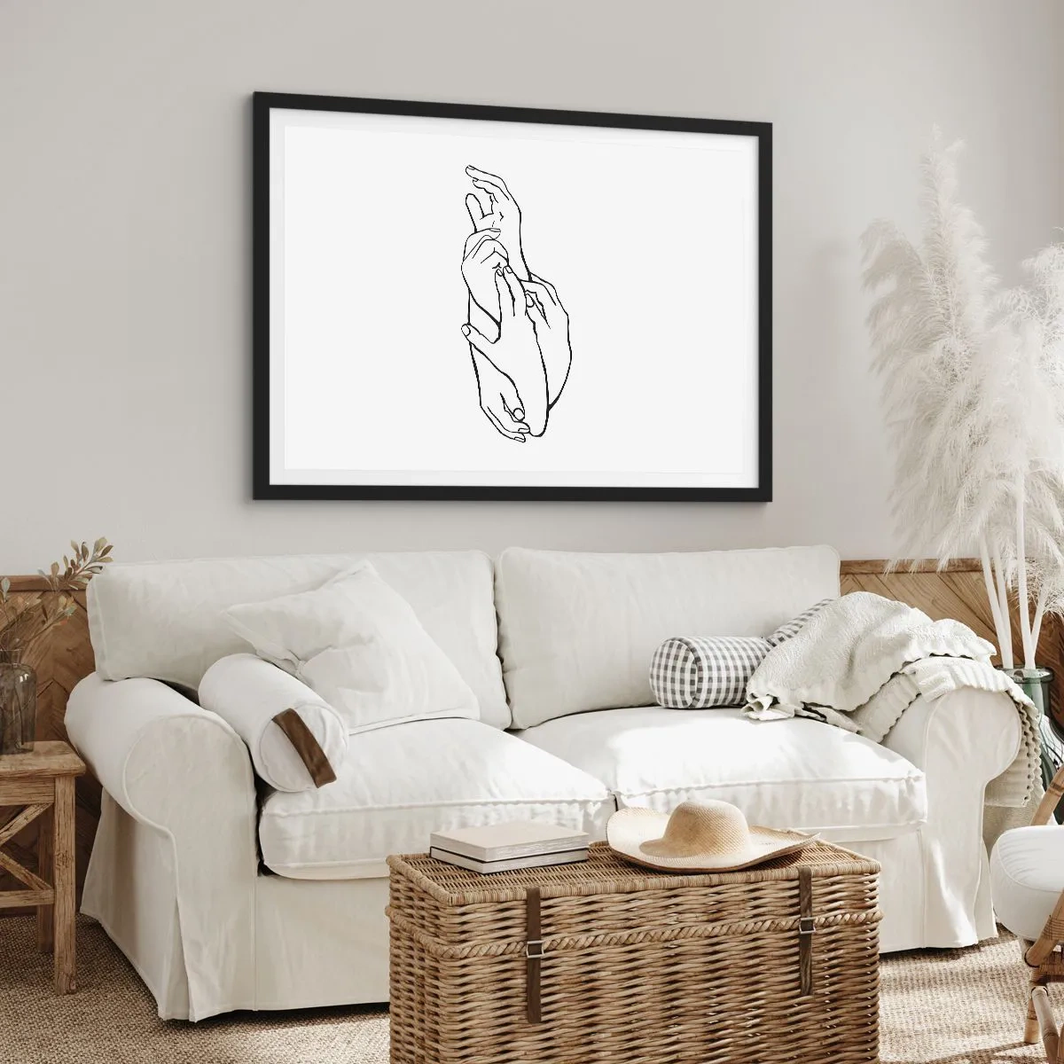 Poster in einem schwarzem Rahmen - Eine minimalistische Skizze von Händen, die in einer zarten Geste gefaltet sind. - 70x50cm - Gute Geste - Moderne Wanddekoration für Wohnzimmer und Schlafzimmer ARTTOR