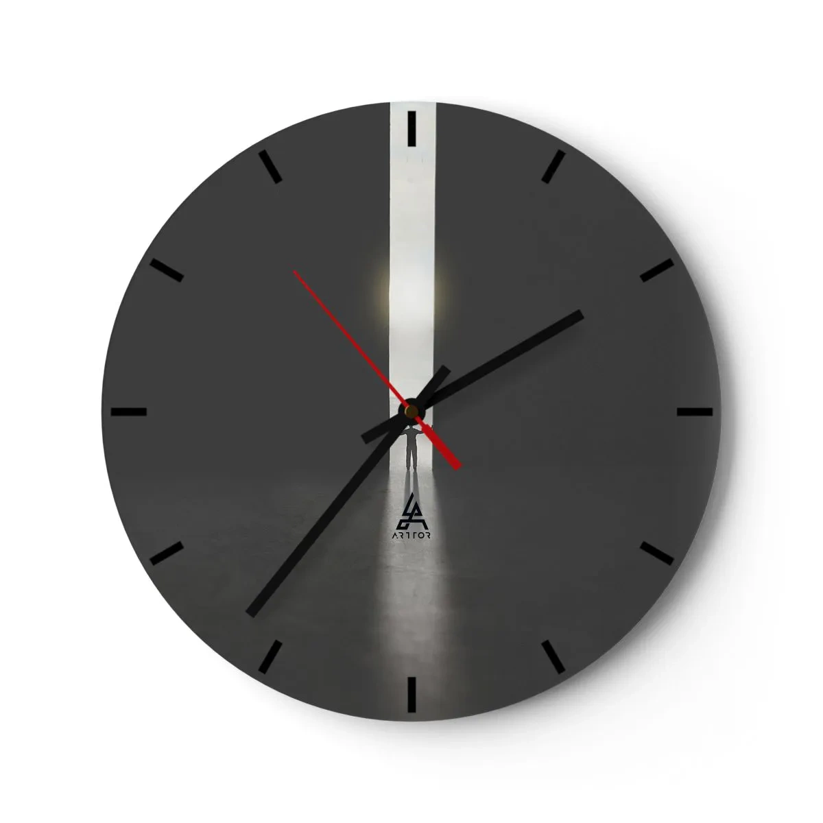 Wanduhr - Glasuhr - Die Silhouette eines Mannes in einer leuchtenden Lücke in einem dunklen Raum - 30x30cm - Ein Schritt in eine strahlende Zukunft - Moderne Wanddekoration für Wohnzimmer, Küche und Schlafzimmer ARTTOR