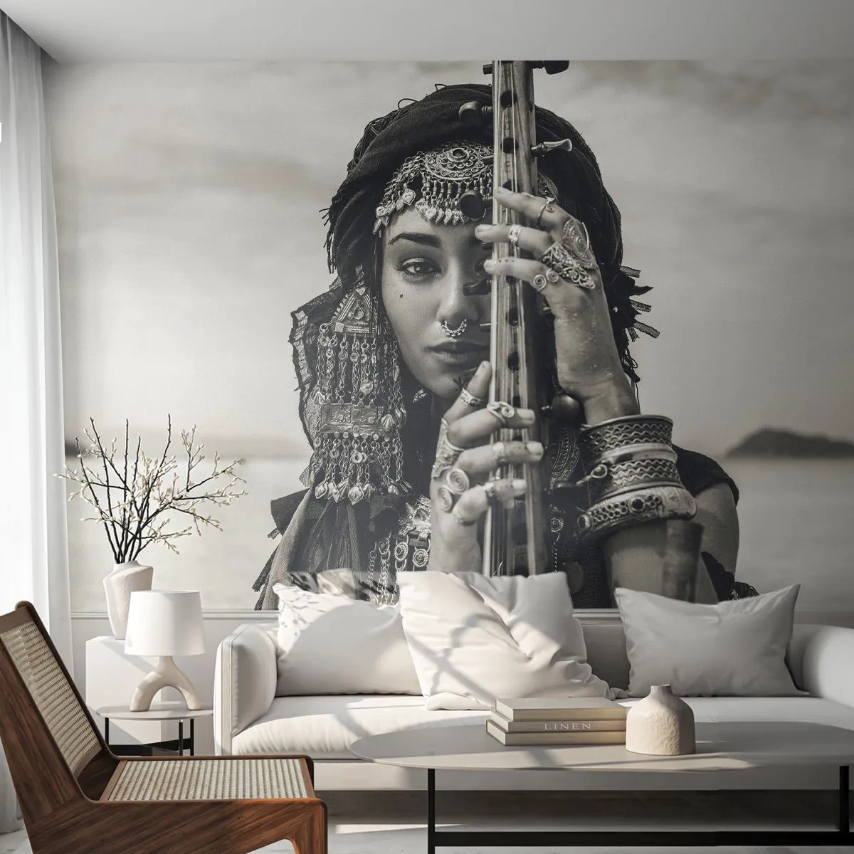 Fototapete Premium Sand - Eine Frau in orientalischer Dekoration mit einem Instrument in den Händen - 100x70cm - Die Musik des Orients selbst - Moderne Wanddekoration für Wohnzimmer und Schlafzimmer ARTTOR