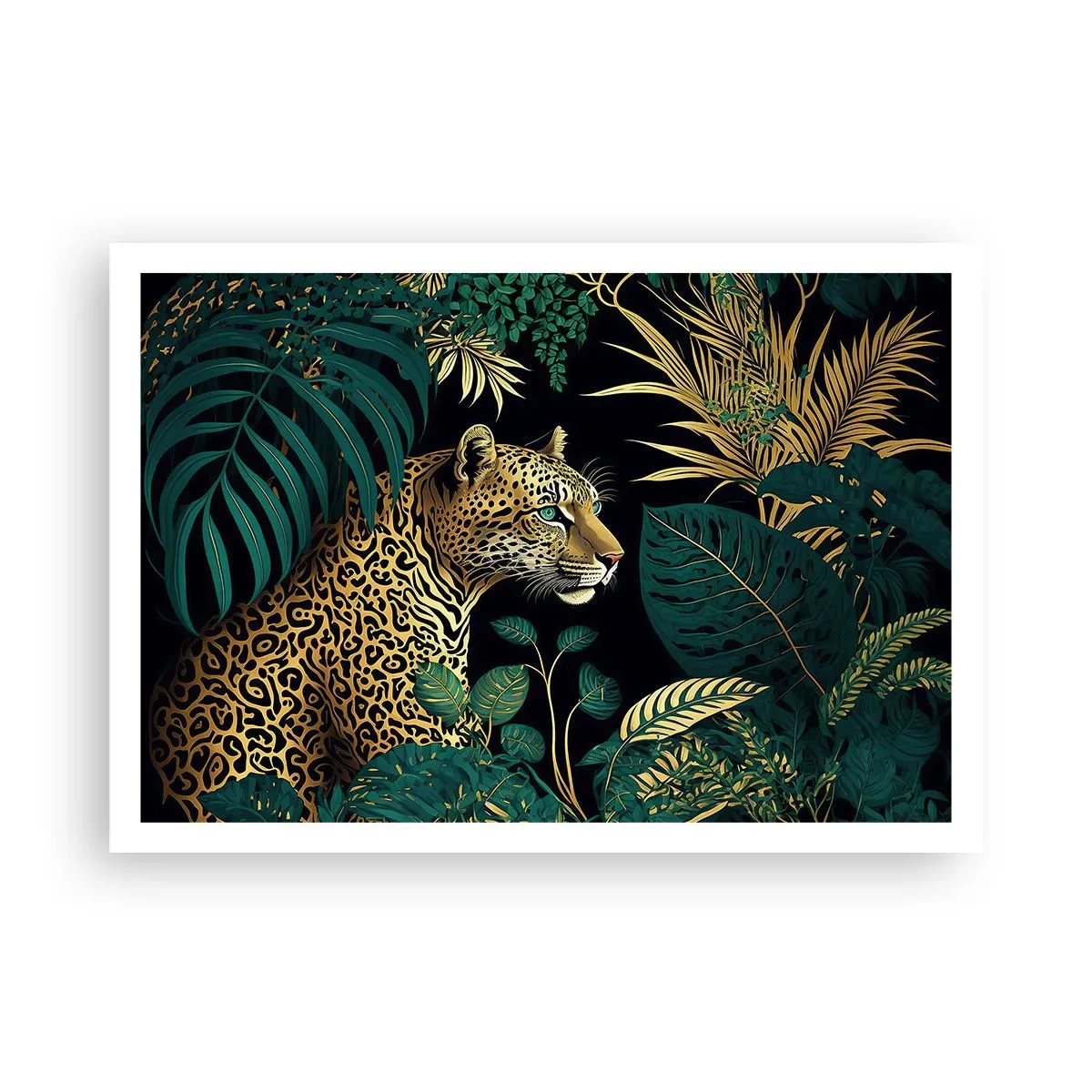 Poster - Leopard in tropischen Blättern auf schwarzem Hintergrund - 100x70cm - Gastgeber im Dschungel - Moderne Wanddekoration für Wohnzimmer und Schlafzimmer ARTTOR