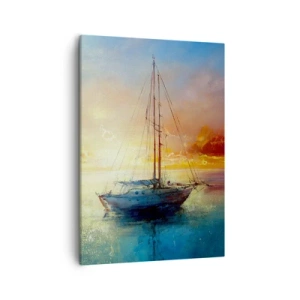Bild auf Leinwand - Leinwandbild - Eine Yacht auf ruhigem Meer bei Sonnenuntergang - 50x70cm - In einer goldenen Bucht - Moderne Wanddekoration für Wohnzimmer und Schlafzimmer ARTTOR