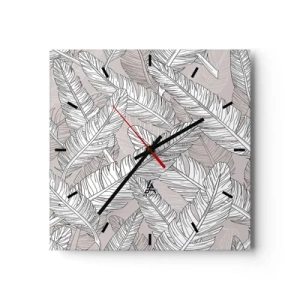 Wanduhr - Glasuhr - Schwarz-weißes Muster mit Bananenblättern auf hellem Hintergrund - 30x30cm - Ein Federwirbel - Moderne Wanddekoration für Wohnzimmer und Schlafzimmer ARTTOR