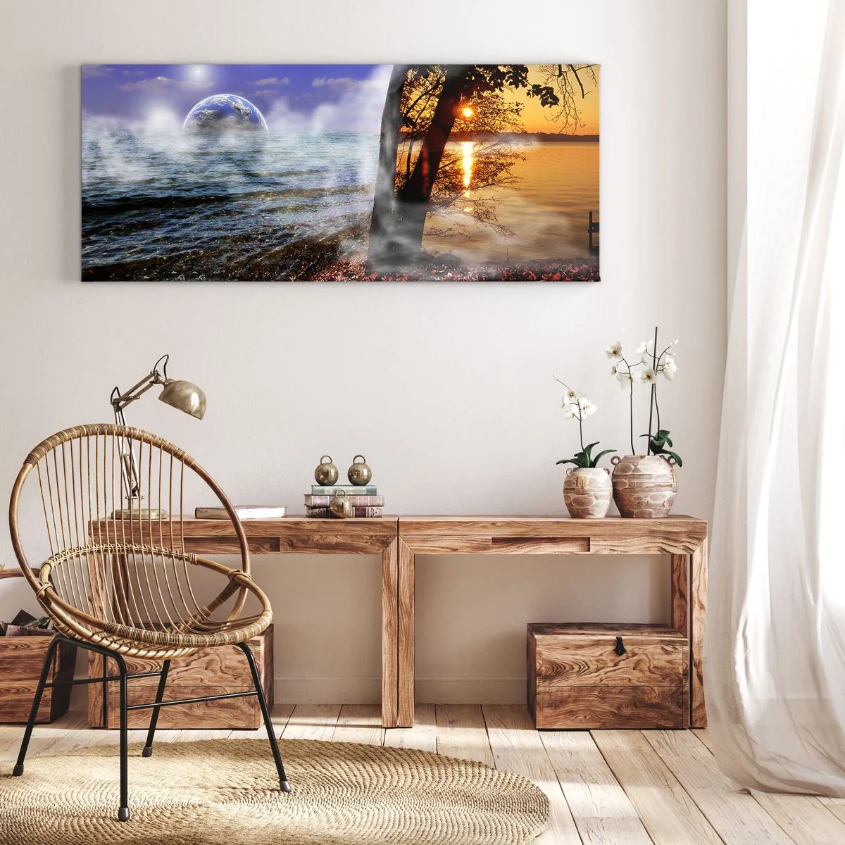 Bild auf Leinwand - Leinwandbild - Fantastische Landschaft mit Meer, Bäumen und Sonnenuntergang. - 120x50cm - Surreale Landschaft - Einheit der Natur - Moderne Wanddekoration für Wohnzimmer und Schlafzimmer ARTTOR