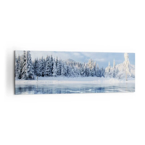 Bild auf Leinwand - Leinwandbild - Ein zugefrorener See, umgeben von einem schneebedeckten Wald - 160x50cm - Eine schillernde und kristallklare Aussicht - Moderne Wanddekoration für Wohnzimmer und Schlafzimmer ARTTOR