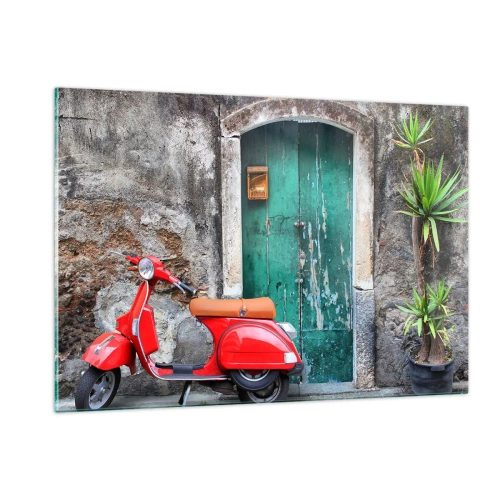 Glasbild - Bild auf glas - Roter Roller vor einer grünen Tür - 120x80cm - Italienischer Urlaub - Moderne Wanddekoration für Wohnzimmer und Schlafzimmer ARTTOR