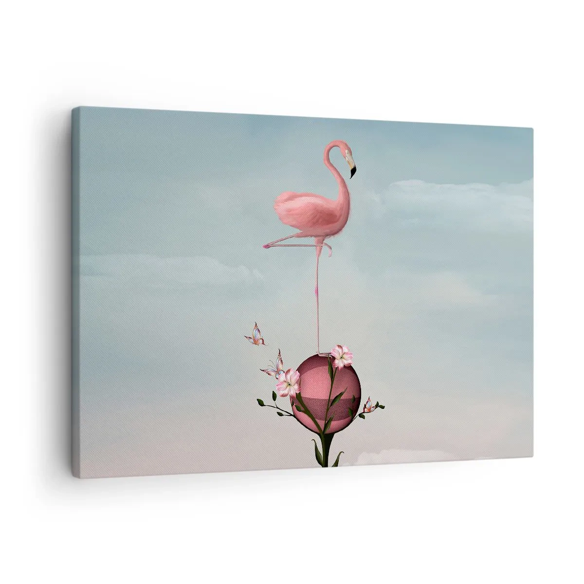 Bild auf Leinwand - Leinwandbild - Ein rosa Flamingo balanciert auf einem Blumenball - 70x50cm - Basketball-Allegorie - Moderne Wanddekoration für Wohnzimmer und Schlafzimmer ARTTOR