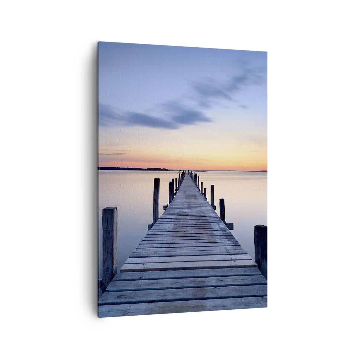 Bild auf Leinwand - Leinwandbild - Holzsteg am See bei Sonnenuntergang - 70x100cm - Die Ruhe einer heiteren Dämmerung - Moderne Wanddekoration für Wohnzimmer und Schlafzimmer ARTTOR