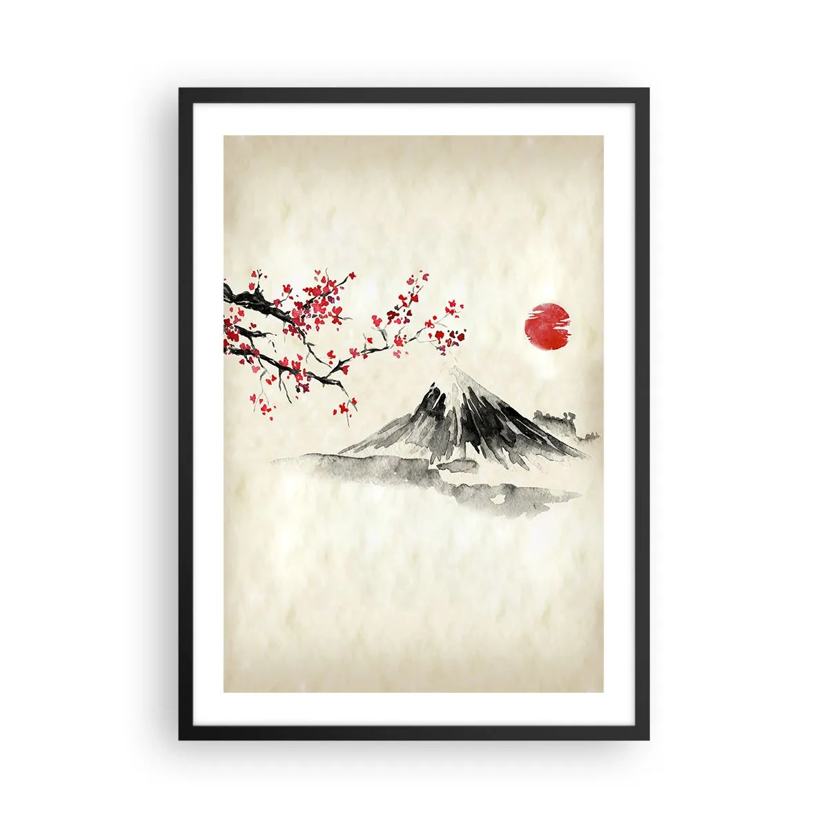 Poster in einem schwarzem Rahmen - Ein Berg mit einem blühenden Kirschzweig und einer roten Sonne - 50x70cm - Liebe Japan - Moderne Wanddekoration für Wohnzimmer und Schlafzimmer ARTTOR