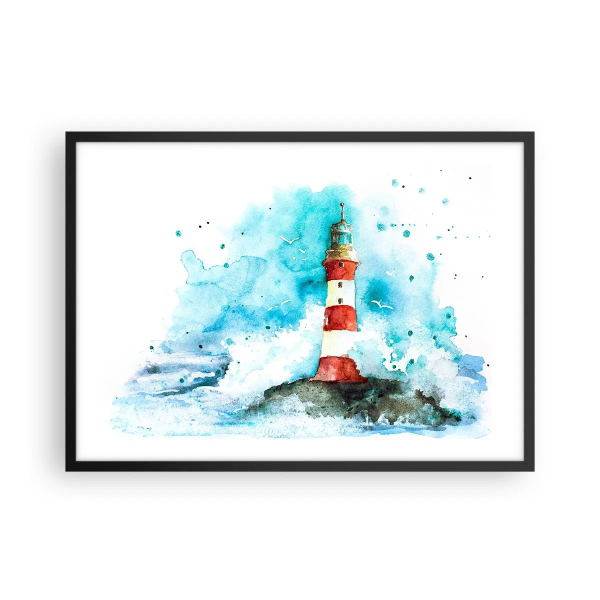 Poster in einem schwarzem Rahmen - Ein Leuchtturm in einer Aquarellumgebung mit blauem Hintergrund - 70x50cm - Einheit der Elemente - Moderne Wanddekoration für Wohnzimmer und Schlafzimmer ARTTOR