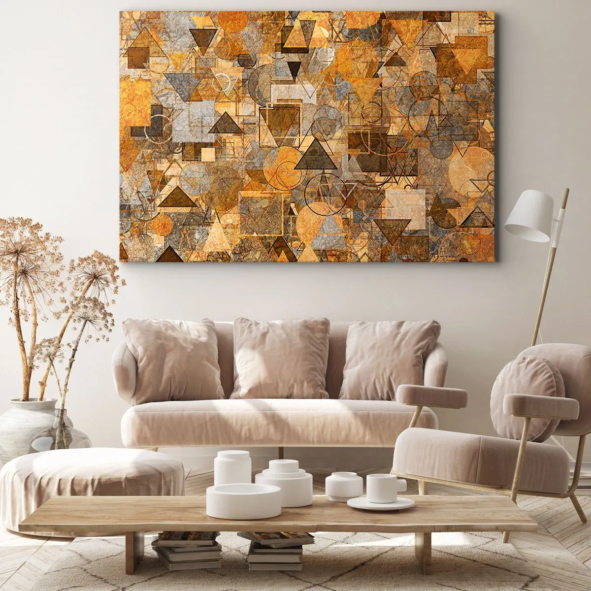 Bild auf Leinwand - Leinwandbild - Abstrakte geometrische Muster in Goldtönen - 120x80cm - Die Welt in Form - Moderne Wanddekoration für Wohnzimmer und Schlafzimmer ARTTOR