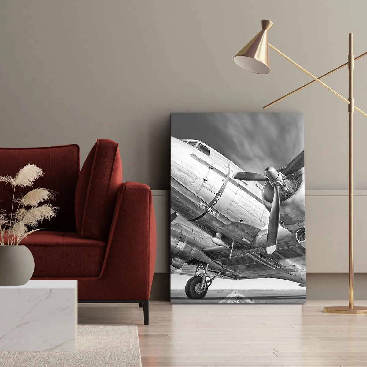 Bild auf Leinwand - Leinwandbild - Ein Schwarzweißbild eines klassischen Flugzeugs mit sichtbaren Strukturdetails. - 50x70cm - Immer flugbereit - Moderne Wanddekoration für Wohnzimmer und Schlafzimmer ARTTOR
