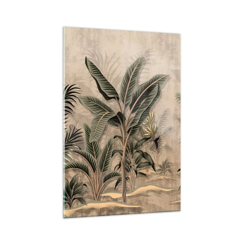 Glasbild - Bild auf glas - Palmen und tropische Vegetation in Grüntönen auf beigem Hintergrund - 70x100cm - Eine Gravur im Kolonialstil - Moderne Wanddekoration für Wohnzimmer und Schlafzimmer ARTTOR