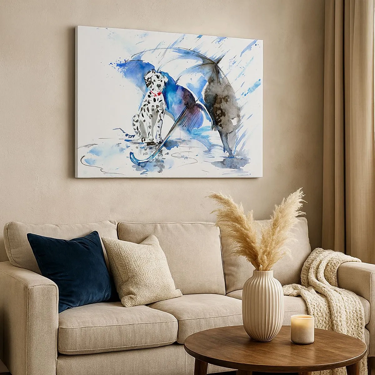 Bild auf Leinwand - Leinwandbild - Aquarellmalerei eines Dalmatiners mit einem Regenschirm im Hintergrund - 70x50cm - Dafür ist ein Freund da - Moderne Wanddekoration für Wohnzimmer und Schlafzimmer ARTTOR