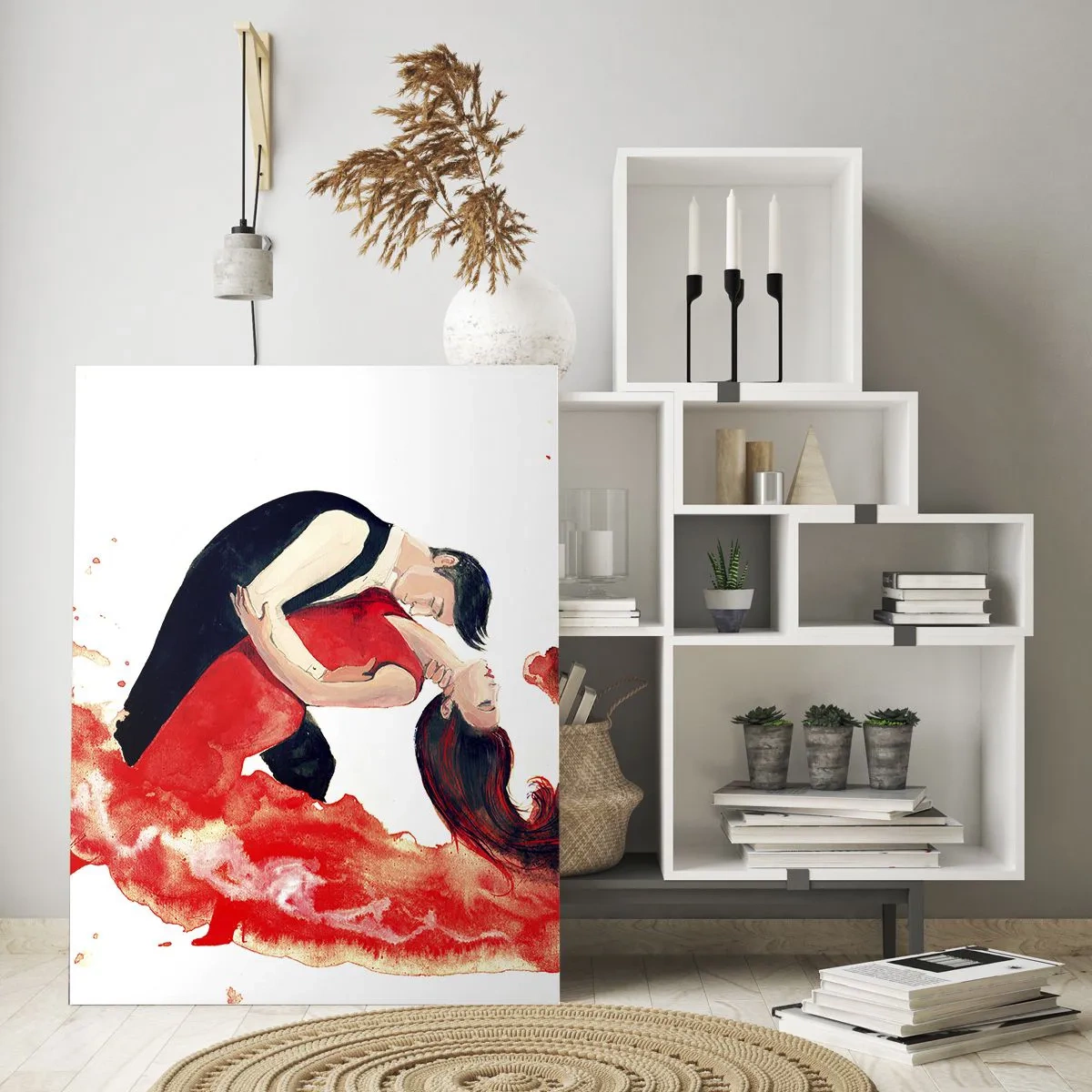 Glasbild - Bild auf glas - Ein tanzendes Paar in einer dynamischen, roten Aquarellkomposition - 50x70cm - Tango - eine sinnliche Welle - Moderne Wanddekoration für Wohnzimmer und Schlafzimmer ARTTOR